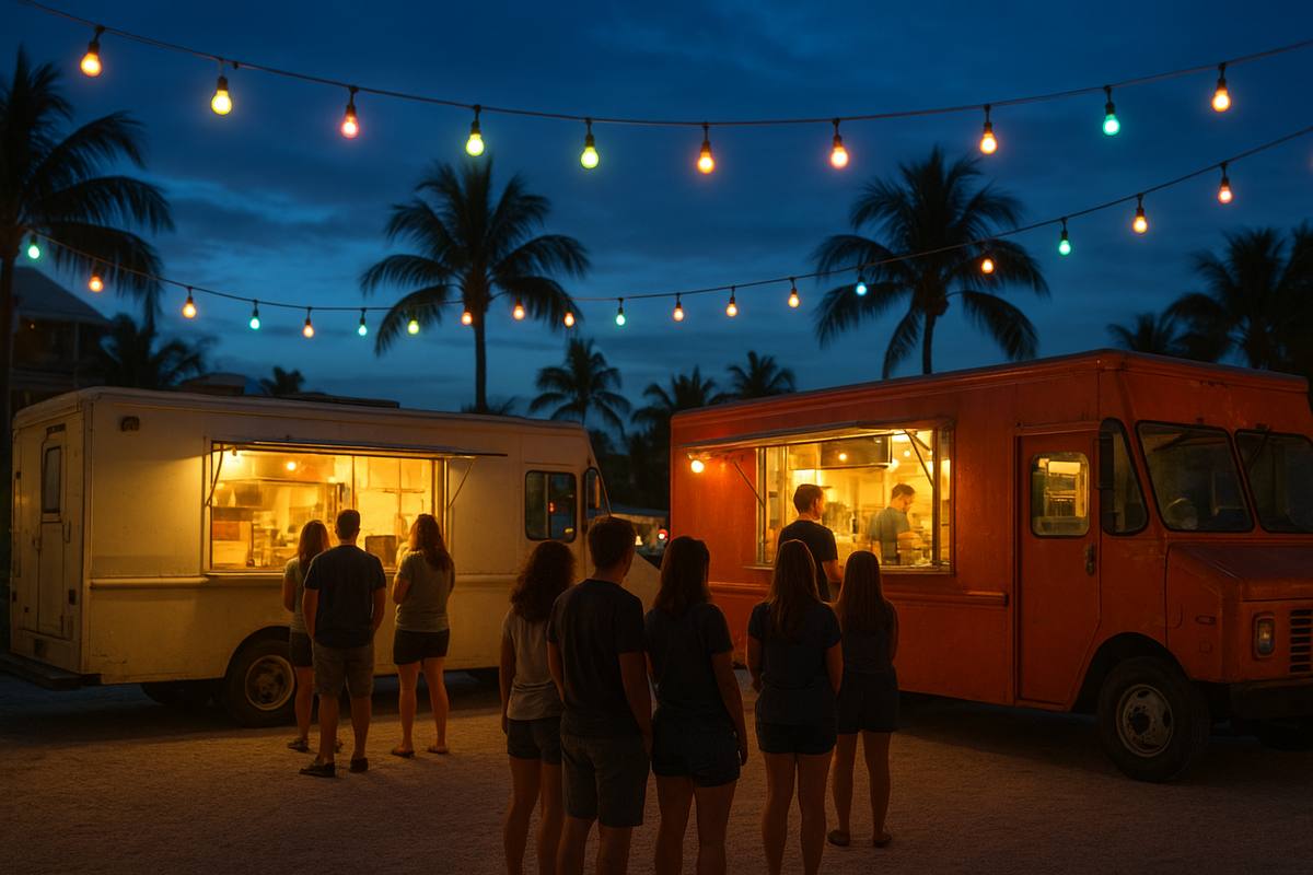 Visitors gathering at the food truck park in St. Petersburg in the evening