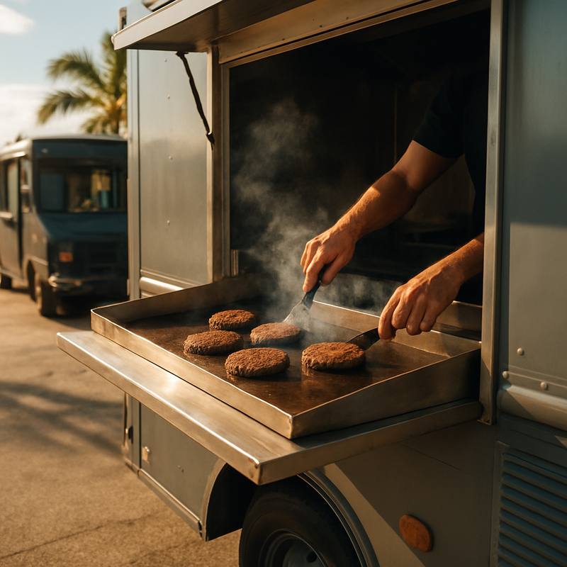 A grill-style food truck serving burgers at an outdoor lot
